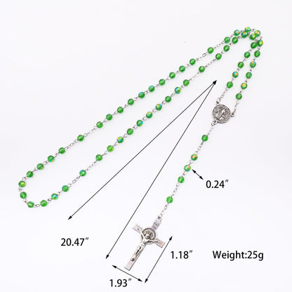 Green Crystallized Glass Beads Rosary Necklace with St. Benedict Medal & Crucifix
