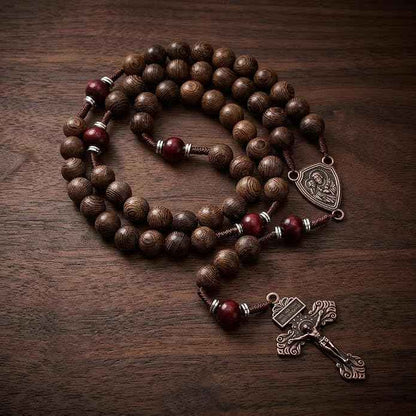 Handmade Wooden Beads Rosary Necklace with St. Joseph Medal & Crucifix Religious Gift