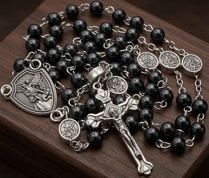 Hematite Rosary Necklace Silver-Plated St. Michael Archangel Medal & Crucifix with Metal Box