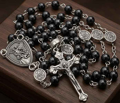 Hematite Rosary Necklace Silver-Plated St. Michael Archangel Medal & Crucifix with Metal Box