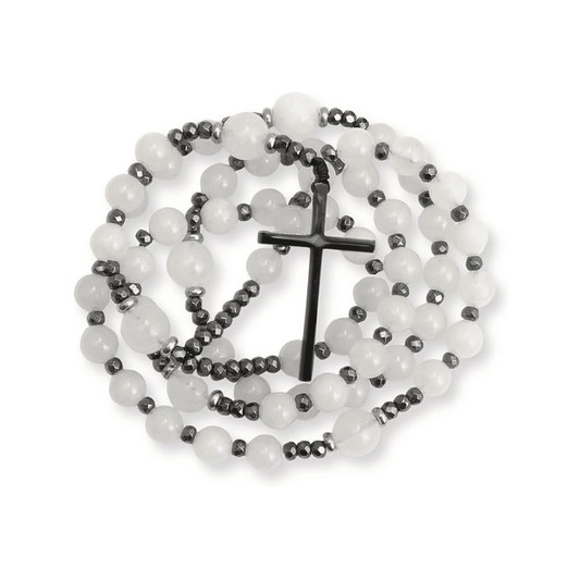 Hematite Stone Beaded Rosary Necklace with Black Metal Cross - Nazareth Store