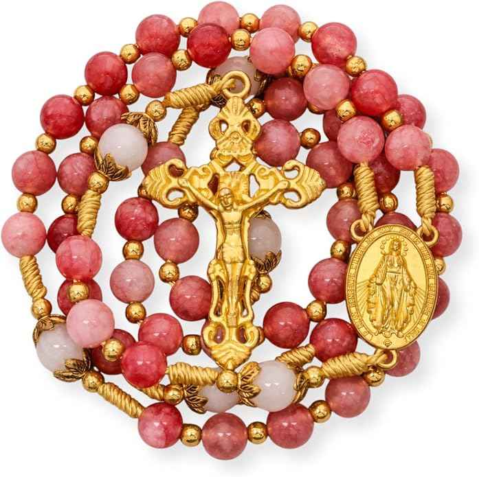 Strawberry Quartz Rosary Necklace White Jade Beads with Miraculous Medal & Cross