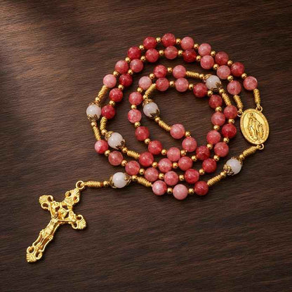 Strawberry Quartz Rosary Necklace White Jade Beads with Miraculous Medal & Cross