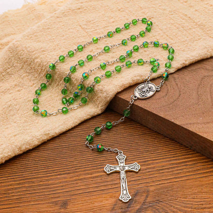 Green Crystallized Glass Beads Catholic Rosary Necklace with St. Michael Medal & Crucifix