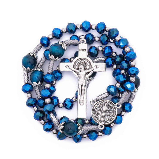 Blue Crystal Rosary Necklace with Tiger Eye Beads St. Benedict Medal & INRI Crucifix