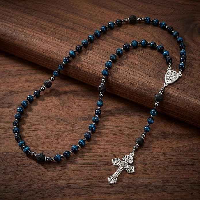 Blue Tiger Eye Rosary Necklace Lava Stone Prayer Beads with St. Joseph Medal & Crucifix