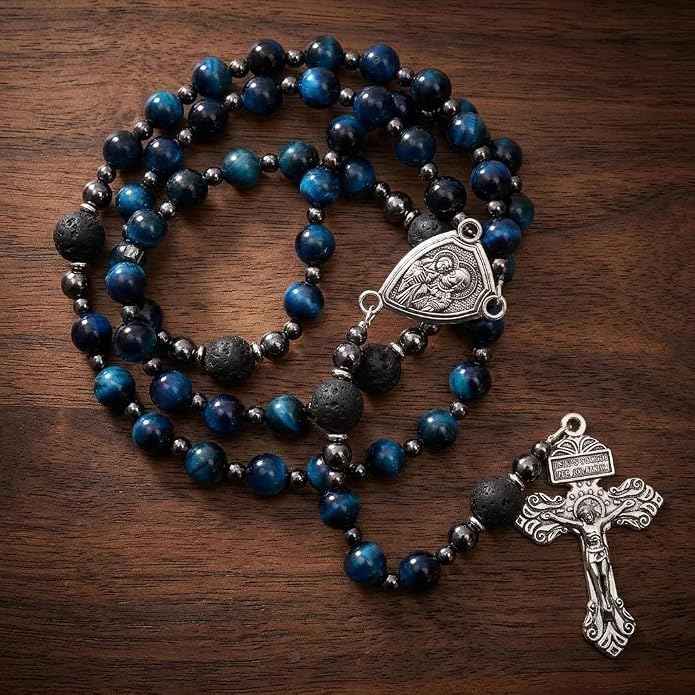 Blue Tiger Eye Rosary Necklace Lava Stone Prayer Beads with St. Joseph Medal & Crucifix