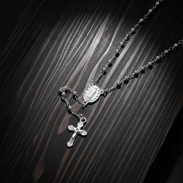 Rosary Necklace Our Lady of Guadalupe 3mm Silver Plated & Crucifix