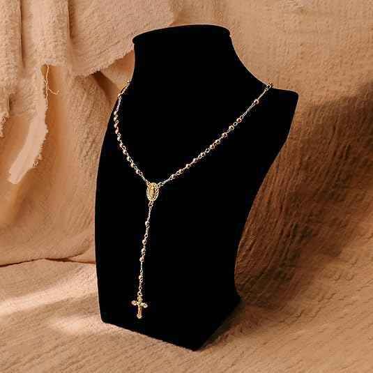 18K Gold Bronze Rosary Necklace Our Lady of Guadalupe & Crucifix with 4mm Prayer Beads
