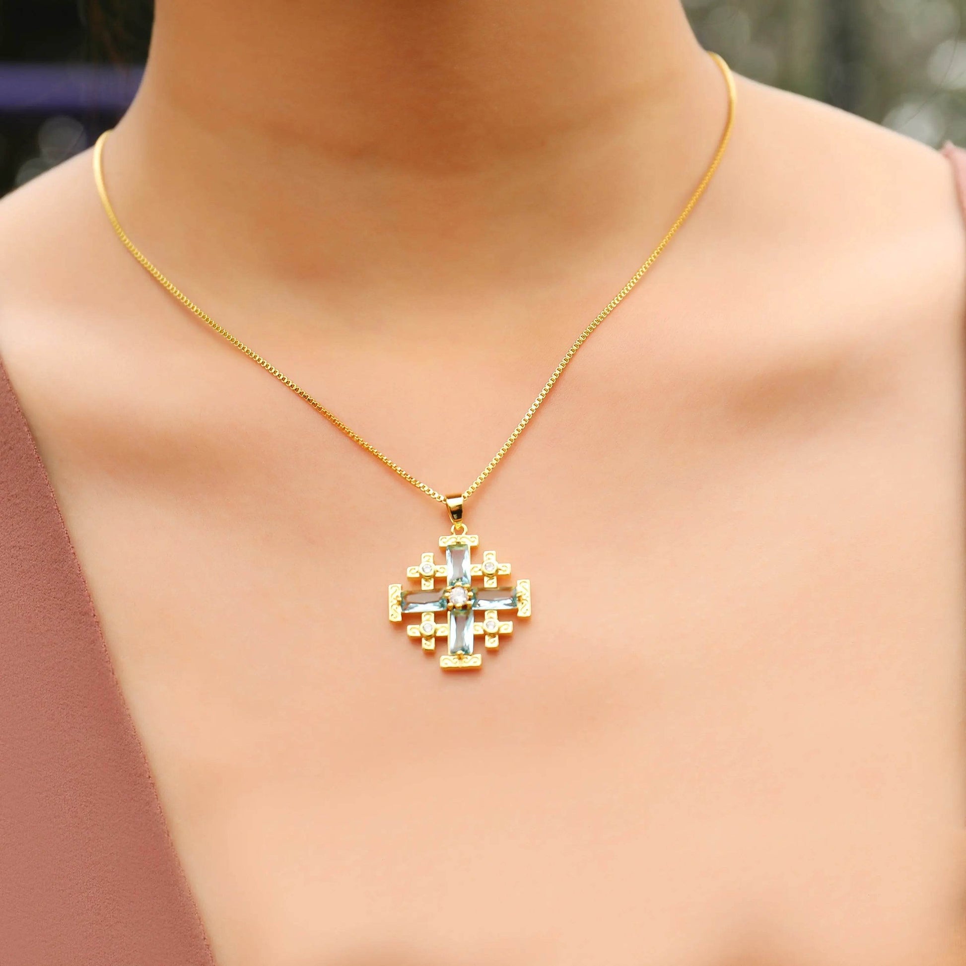 Turquoise Cross Pendant Gold Plated Necklace & Zircon Crystallized Glass - Nazareth Store