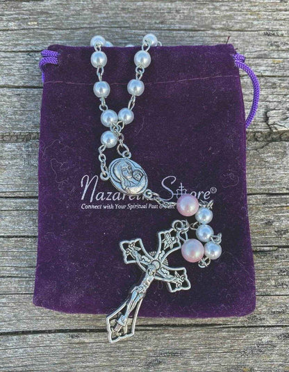 White Pearl Beads Rosary Purple Glory Beads Holy Mary Medal