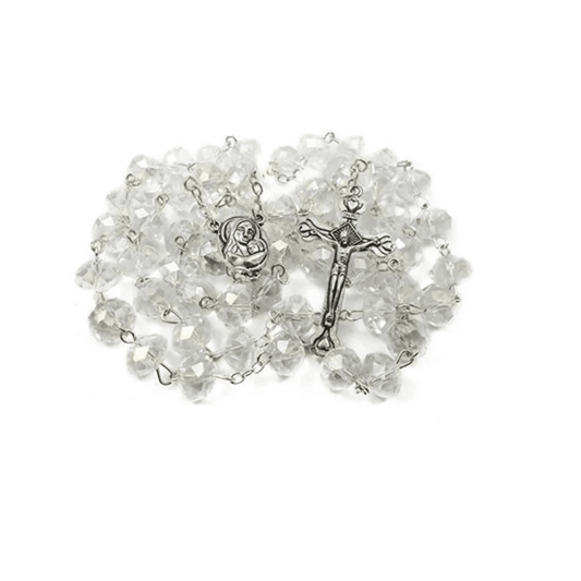 White Crystal Rosary Beads Necklace Holy Soil Medal & Cross Crucifix