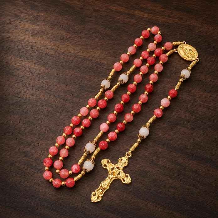 Strawberry Quartz Rosary Necklace White Jade Beads with Miraculous Medal & Cross