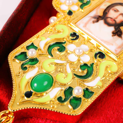 Green Enamel Orthodox Cross Pendant Gold Plated Crucifix Necklace