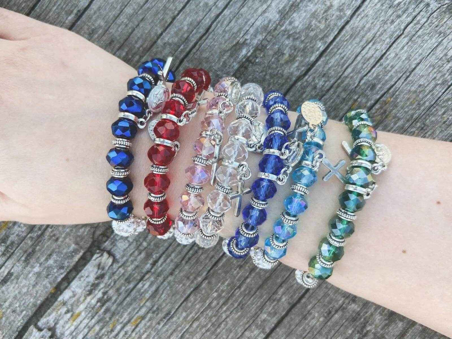 Womens Beaded Rosary Bracelet Crystal Beads Cross & Miraculous Medal