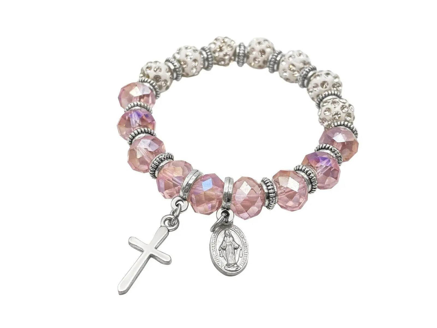 Womens Beaded Rosary Bracelet Crystal Beads Cross & Miraculous Medal - Nazareth Store
