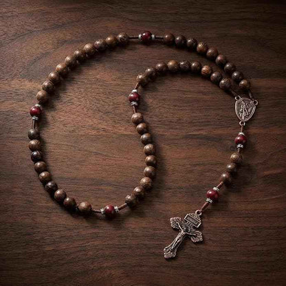 Handmade Wooden Beads Rosary Necklace with Saint Michael Medal & Crucifix Religious Gift