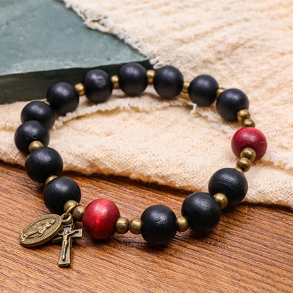Black Wooden Bead Rosary Bracelet with Antique Bronze Miraculous Medal & Cross
