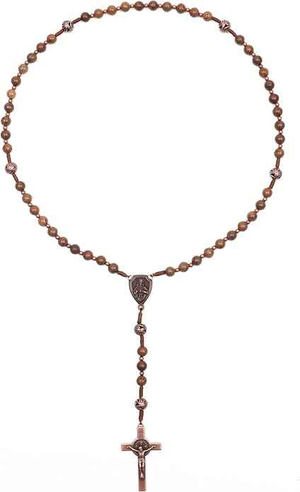 Solid Wooden Beaded Rosary Necklace Metal Glory Beads with Our Father Medal & Crucifix