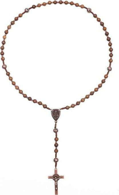 Solid Wooden Beaded Rosary Necklace Metal Glory Beads with Our Father Medal & Crucifix