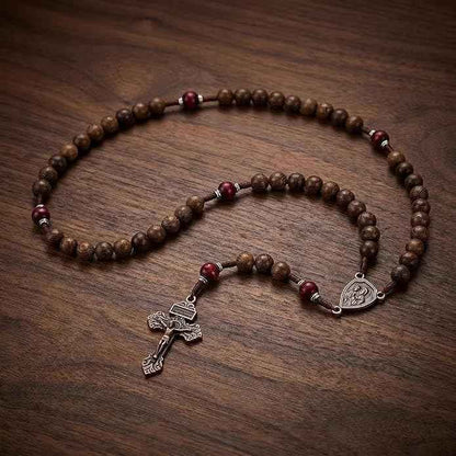 Handmade Wooden Beads Rosary Necklace with St. Joseph Medal & Crucifix Religious Gift