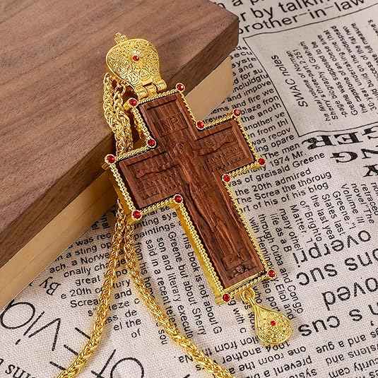 Gold Plated Russian Cross Pendant Wood & Red Stones Orthodox Necklace