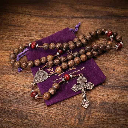 Handmade Wooden Beads Rosary Necklace with Our Father Medal & Crucifix Religious Gift