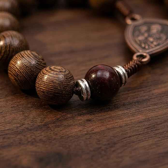 Handmade Wooden Beads Rosary Necklace with St. Joseph Medal & Crucifix Religious Gift