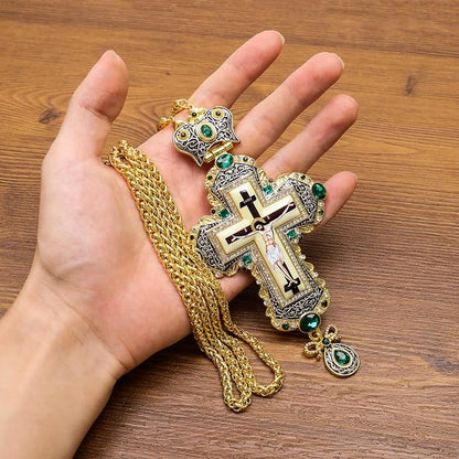 Green Zircon Stone 18K Gold-Plated Christian Pectoral Cross Pendant Necklace with Crystal Accents