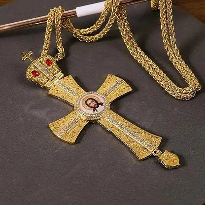 Orthodox Gold Plated Cross Necklace Red Stone Christian Crucifix Pendant