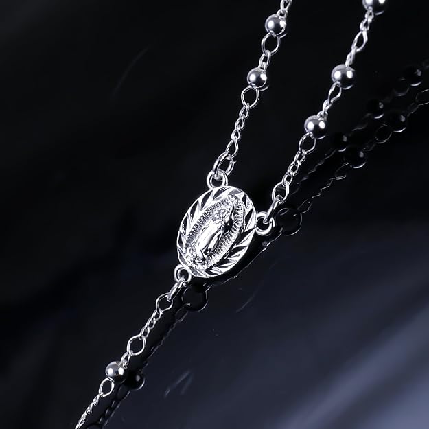 Rosary Necklace Our Lady of Guadalupe 3mm Silver Plated & Crucifix