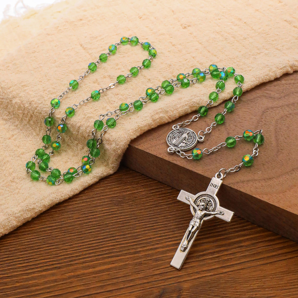 Green Crystallized Glass Beads Rosary Necklace with St. Benedict Medal & Crucifix