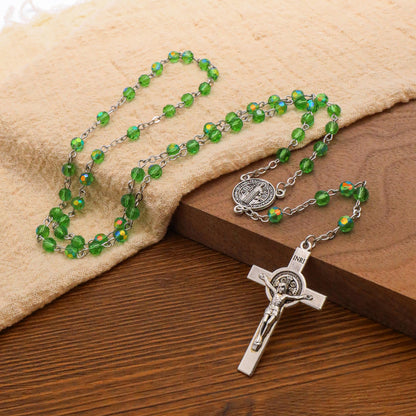 Green Crystallized Glass Beads Rosary Necklace with St. Benedict Medal & Crucifix