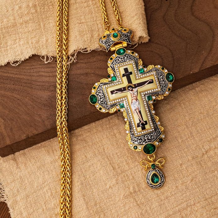 Green Zircon Stone 18K Gold-Plated Christian Pectoral Cross Pendant Necklace with Crystal Accents