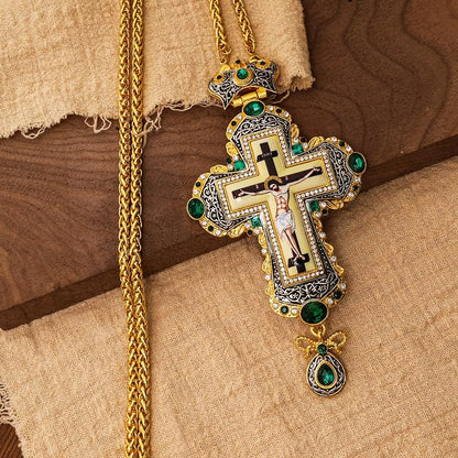 Green Zircon Stone 18K Gold-Plated Christian Pectoral Cross Pendant Necklace with Crystal Accents