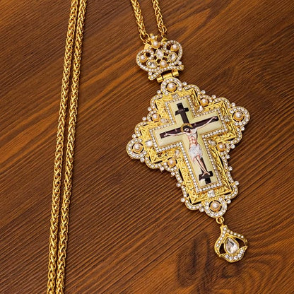 White Pearl 18K Gold-Plated Christian Pectoral Cross Pendant Necklace with Crystal Accents