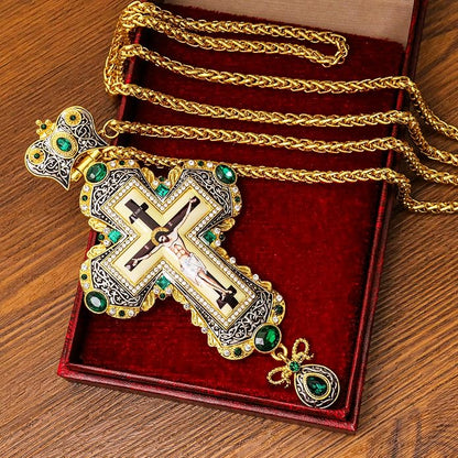 Green Zircon Stone 18K Gold-Plated Christian Pectoral Cross Pendant Necklace with Crystal Accents