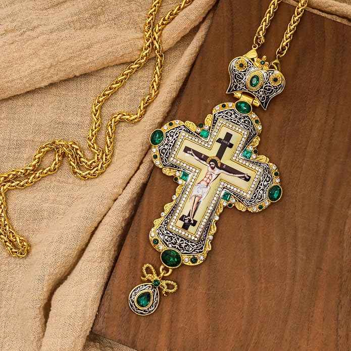 Green Zircon Stone 18K Gold-Plated Christian Pectoral Cross Pendant Necklace with Crystal Accents