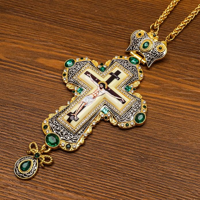 Green Zircon Stone 18K Gold-Plated Christian Pectoral Cross Pendant Necklace with Crystal Accents