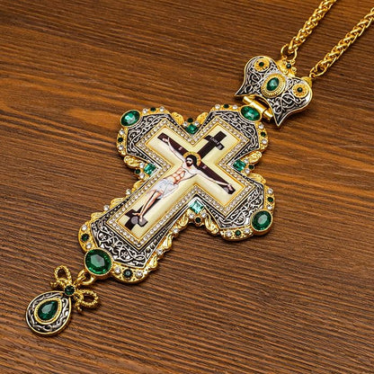 Green Zircon Stone 18K Gold-Plated Christian Pectoral Cross Pendant Necklace with Crystal Accents