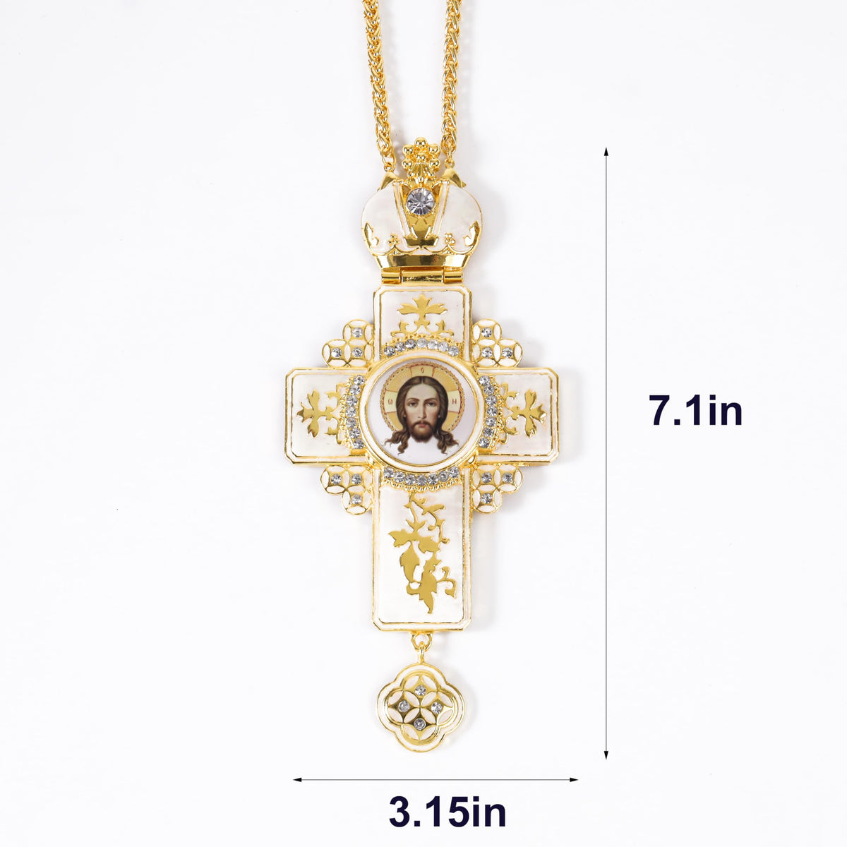 Orthodox White Enamel Gold Cross Necklace Jesus Crucifix Pendant with Zirconia