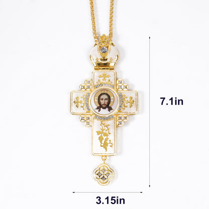 Orthodox White Enamel Gold Cross Necklace Jesus Crucifix Pendant with Zirconia
