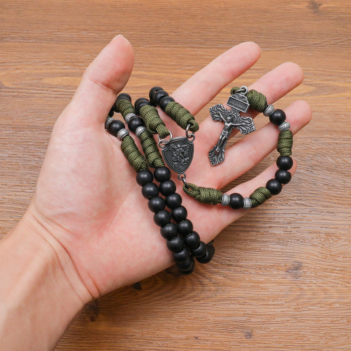 Black Beaded Olive Green Paracord Catholic Rosary Necklace with St. Michael Crucifix