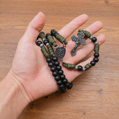 Black Beaded Olive Green Paracord Catholic Rosary Necklace with St. Michael Crucifix