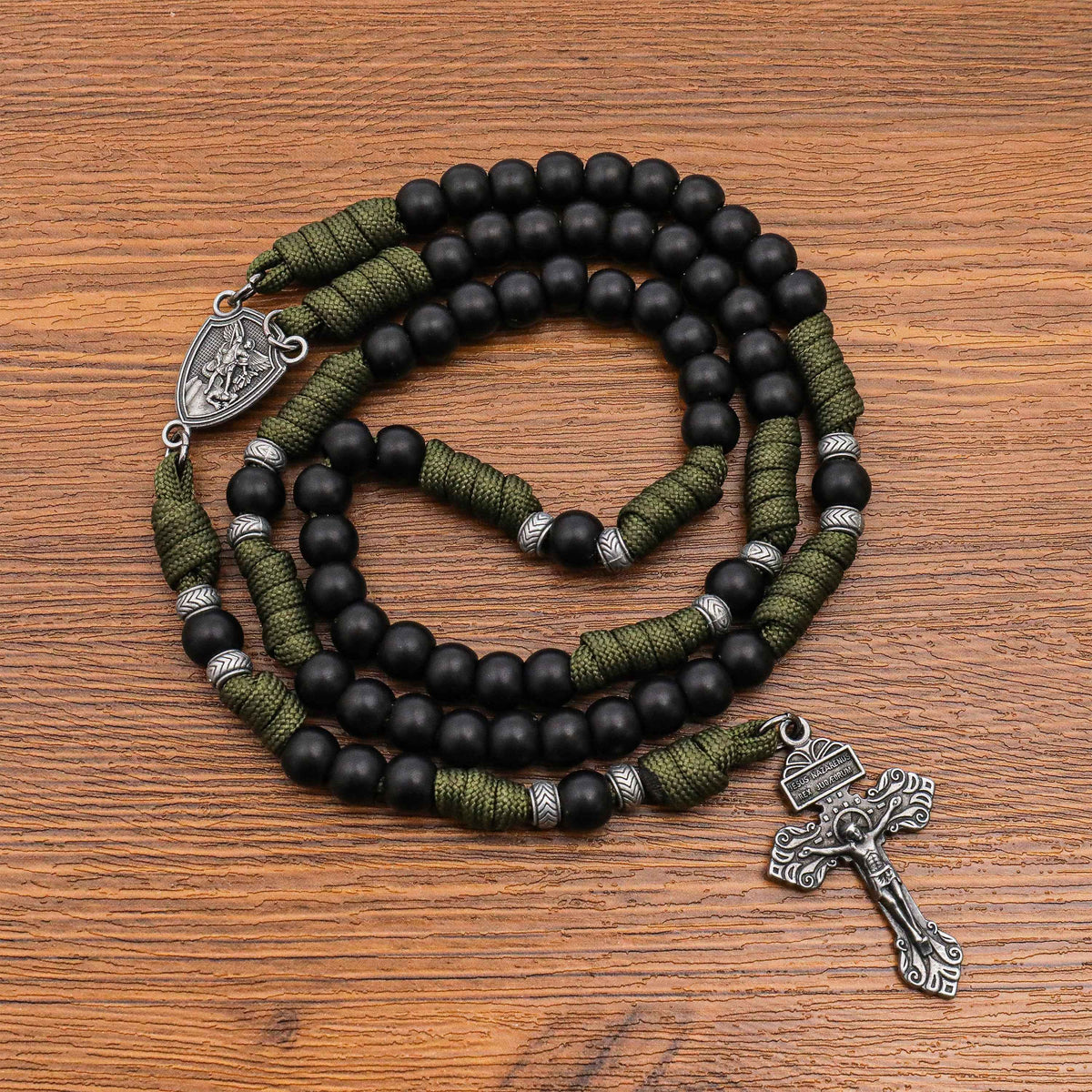 Black Beaded Olive Green Paracord Catholic Rosary Necklace with St. Michael Crucifix