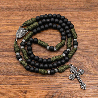 Black Beaded Olive Green Paracord Catholic Rosary Necklace with St. Michael Crucifix