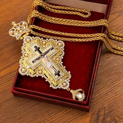 White Pearl 18K Gold-Plated Christian Pectoral Cross Pendant Necklace with Crystal Accents