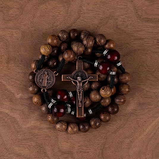10mm olive wood beads and 12mm dark red wood mystery beads, this rosary offers a bold, strong design that’s perfect for men. 