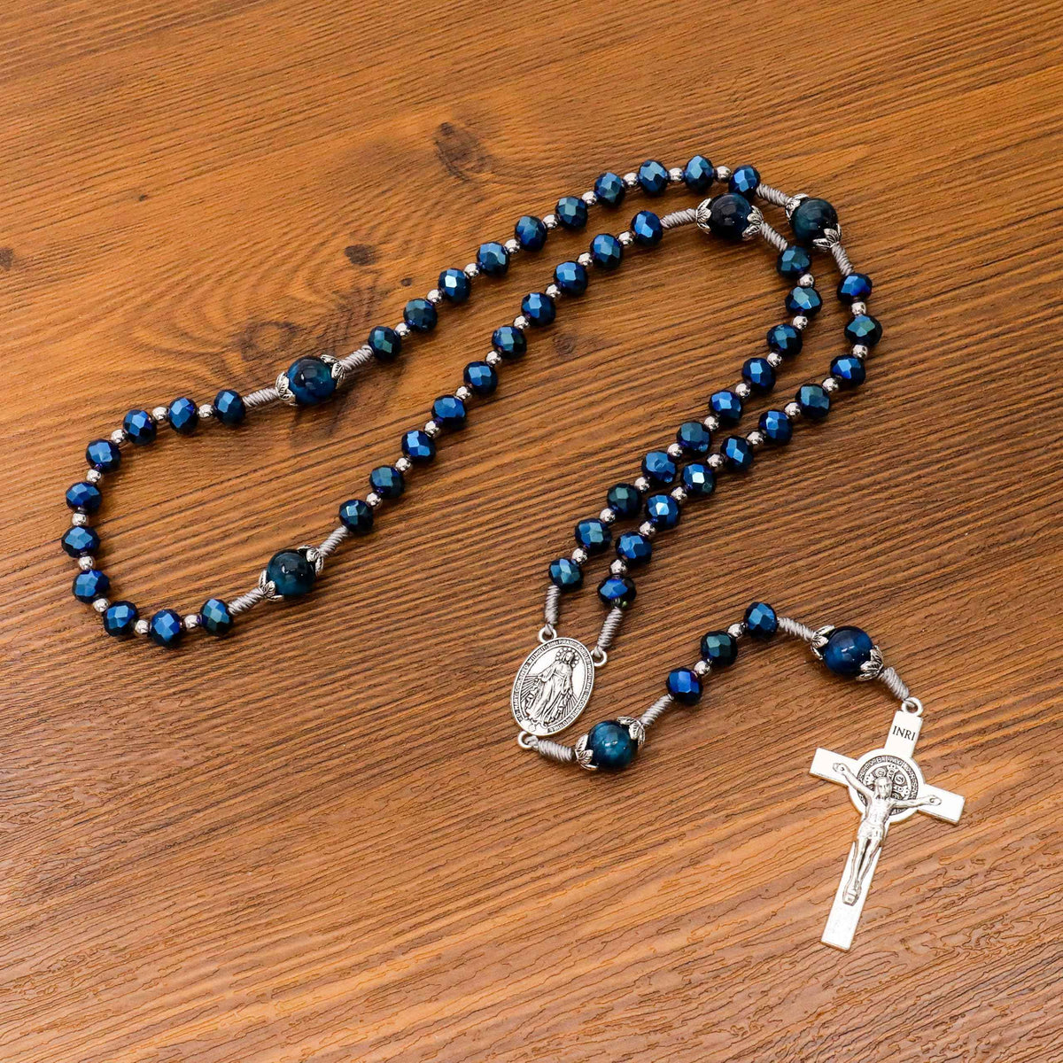 Blue Crystal Rosary Necklace with Tiger Eye Mystery Beads Miraculous Medal & INRI Crucifix