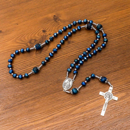 Blue Crystal Rosary Necklace with Tiger Eye Mystery Beads Miraculous Medal & INRI Crucifix
